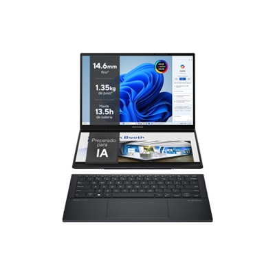 Asustek 90NB12U1-M00DB0 El ASUS Zenbook DUO es un portátil revolucionario de pantalla doble. Este increíble ordenador, que personifica la innovación CES 2024, incorpora dos pantallas táctiles OLED de tamaño completo, teclado desmontable de tamaño completo y soporte integrado. Es el portátil definitivo que combina a la perfección la versatilidad de la multitarea con una excelente movilidad. Con estas las dos pantallas táctiles OLED 3K de 14 pulgadas a 120 Hz, puedes ampliar al instante tu espacio de trabajo hasta 19,8 pulgadas. El ASUS Zenbook DUO cuenta con un procesador Intel® Core™ Ultra 9 potenciado por IA y memoria LPDDR5x de 32 GB. Además, viene equipado con SSD PCIe® 4.0 de hasta 2 TB. Es un portátil que te garantiza un rendimiento excepcional en todo momento para que puedas con todo. Incorpora software inteligente dedicado, control intuitivo por gestos y una batería de 75 Wh de duración mejorada. Todo ello convierte al Zenbook DUO en un portátil ASUS fácil de usar que maximiza la productividad sin complicaciones. Vamos, ¡dobla tu apuesta!