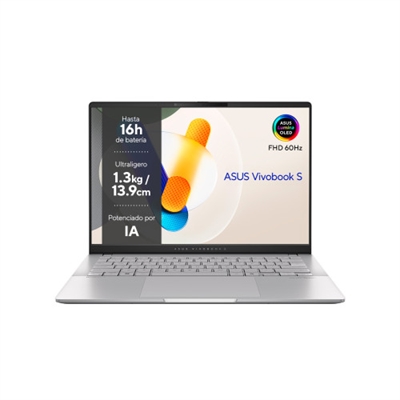 Asustek 90NB14P1-M004W0 ASUS Vivobook S 14 OLEDFino. Ligero. Perfecto.El ASUS Vivobook S 14 OLED redefine tu experiencia con un portátil integrando a la perfección tecnología avanzada con un diseño minimalista. Su procesador AMD Ryzen™ 7 8845HS proporciona hasta 50 W de TDP2 para garantizar el máximo rendimiento, e incluye además un acelerador por IA AMD Ryzen™ y una tecla de activación de Copilot en 1 segundo7, que optimiza de forma inteligente las cargas de trabajo. Además, es increíblemente fino, desde solo 1,39 cm, y pesa 1,3 kg1. Tiene 14 horas de autonomía de la batería19 y una impresionante pantalla ASUS Lumina OLED de hasta 3K. Este portátil está diseñado para satisfacer tus necesidades diarias. Además, incorpora un teclado ergonómico con retroiluminación RGB, un panel táctil extragrande y una cámara ASUS AiSense. Es tu compañero ideal para la vida actual. 