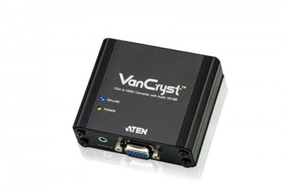 Aten VC180-AT-G El VC180 es un convertidor de VGA a HDMI con transmisión del sonido que le permite representar la imagen de una fuente VGA en una pantalla HDMI y con el sonido en calidad estereofónica. Admite dos fuentes de alimentación: a través del puerto VGA y con un adaptador de alimentación. El VC180 recibe la alimentación del puerto VGA. No obstante, si su dispositivo fuente no fuera capaz de alimentarlo, tendría que conectar el adaptador de alimentación para suministrar energía al VC180 a través de la red eléctrica. El VC180 es un equipo compacto, flexible y fácil de instalar – no se requiere ningún software. Tan solo tiene que conectar los cables y ya podrá disfrutarlo.Caracteristicas:-Convierte las señales VGA en señales HDMI-Entrada de sonido analógico estereofónico-Calidad gráfica superior – hasta 1080p, WUXGA-Botón de posición de imagen – la posición de la imagen se guarda para cada resolución de salida-Compatibilidad multiplataforma – Windows y Macintosh-Admite dos fuentes de alimentación: puerto VGA y adaptador de alimentación (en caso de que el puerto VGA no suministre suficiente potencia eléctrica)-Detección automática de la señal gráfica de entrada-Indicador LED-HDMI compatible-Compacto y ligero-No requiere ningún software – elimina los problemas de incompatibilidad y de instalaciónContenido del paquete 1 convertidor VGA a HDMI con transmisión del sonido VC180 1 adaptador de alimentación 1 Guía de Usuario