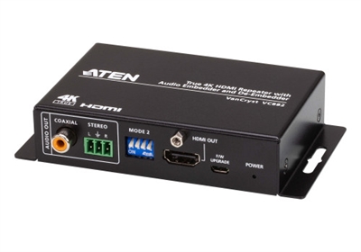 Aten VC882-AT-G El VC882 es un repetidor HDMI True 4K con incrustación y desincrustación de audio capaz de incrustar o desincrustar la señal de audio HDMI y transmitir la señal HDMI a una distancia de hasta 5 metros con resolución True 4K. Además de incrustar audio de forma independiente en una señal HDMI saliente, el repetidor VC882 también permite extraer audio de la señal HDMI y emitir la señal extraída a través de un sistema de audio alternativo.En cuanto a las características de audio, el VC882 admite una gran variedad de formatos de audio HDM como, por ejemplo, LPCM2.0, Dolby Digital 2.0, Dolby Digital 5.1 y DTS Digital 5.1. El repetidor VC882 también es compatible con la función ARC, que elimina la necesidad de instalar voluminosos cables al conectar un receptor AV o un sistema de cine en casa a un televisor. Por otro lado, el VC882 es compatible con True 4K (4096 x 2160 a 60 Hz 4:4:4) y soporta los formatos HDR10, HDR10+, Dolby Vision y Hybrid Log-Gamma (HLG) para ofrecer imágenes sorprendentemente nítidas. Además, es compatible con HDCP 2.2 para la protección de contenidos. El diseño compacto de la carcasa, la transmisión de señales True 4K y las prestaciones de incrustación/desincrustación han convertido al VC882 en la solución ideal para salas de formación y conferencias, producción de vídeo e instalaciones de cine en casa.