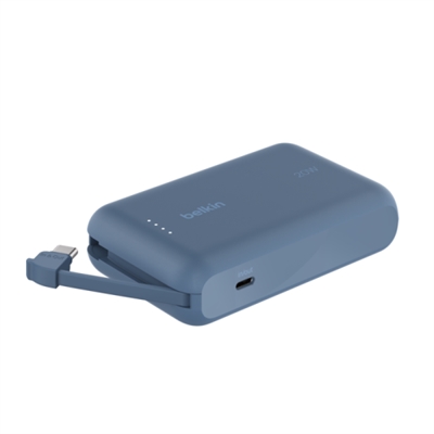 Belkin BPB021HQBL Belkin - Cargador portátil - con cable integrado - 10000 mAh - 20 vatios - 3 A - Fast Charge - 2 conectores de salida (24 pin USB-C) - azul