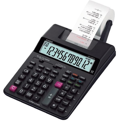 Casio HR-150RCE-WA Calculadora Impresora Con Pantalla Inclinada De Hasta 12 Digitos. El Teclado Incluye Tecla De Correccion Y Varias Teclas De Memoria. Las Funciones Que Permite Hacer Esta Calculadora Son: Conversion De Monedas Calculo De Ganancias Calculo De Impuestos Chequeo Calculo De Alzas Rebajas Promedios Contador De Items Calculo De Porcentajes Porcentajes Delta Impresion De Hora Post-Impresion Y Re-Impresion. Su Impresion Es Bicolor (Negro Y Rojo) Y Su Velocidad De 2 Lineas/Segundo. Alimentacion Con Pilas Y Cargador (No Incluido). Rollo De Papel De 58 Mm. Fabricada En Plastico. Medidas: 295 X 165 X 65 Mm.