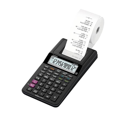 Casio HR-8RCE-BK Calculadora Impresora Con Pantalla Inclinada De Hasta 12 Digitos. El Teclado Incluye Tecla De Correccion Y Varias Teclas De Memoria. Las Funciones Que Permite Hacer Esta Calculadora Son: Conversion De Monedas Calculo De Ganancias Calculo De Impuestos Chequeo Calculo De Margenes Calculo De Porcentajes Post-Impresion Y Re-Impresion. Su Impresion Es Monocolor (Negro) Y Su Velocidad De 2 Lineas/Segundo. Alimentacion Con Pilas Y Cargador (No Incluido). Rollo De Papel De 58 Mm. Fabricada En Plastico. Medidas: 209 X 102 X 42 Mm.