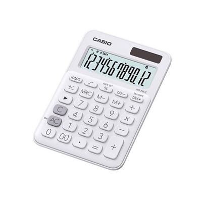 Casio MS-20UC-WE Calculadora De Sobremesa Con Pantalla Extragrande (Hasta 12 Digitos). El Teclado Incluye Tecla De Correccion Teclas De Memoria Y Tecla De Retroceso. Las Funciones Que Permite Hacer Esta Calculadora Son: Cambio De Signo Calculo De Tiempo (Hms) Calculo De Impuestos Raiz Cuadrada Calculo De Margenes Y Calculo De Porcentajes. Alimentacion Solar Y Con Pilas. Fabricada En Plastico Blanco. Medidas: 1495 X 105 X 23 Mm.