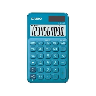 Casio SL-310UC-BU Calculadora De Bolsillo Con Pantalla De Hasta 10 Digitos. El Teclado Incluye Tecla De Correccion Y Teclas De Memoria. Las Funciones Que Permite Hacer Esta Calculadora Son: Cambio De Signo Calculo De Tiempo (Hms) Calculo De Impuestos Raiz Cuadrada Calculo De Margenes Y Calculo De Porcentajes. Alimentacion Solar Y Con Pilas. Fabricada En Plastico Azul. Medidas: 118 X 70 X 8 Mm.