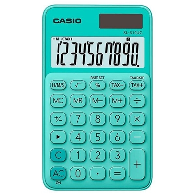 Casio SL-310UC-GN Calculadora De Bolsillo De 10 Dititos. Solar Y A Pilas. Calculo De Impuestos. Calculo De Porcentaje Profesional. Margen De Beneficio A Traves De Tecla %. Memoria De 4 Teclas. Marcadores De Coma De 3 Digitos. Tecla Para Cambiar El Signo Mas. Menos. Raiz C