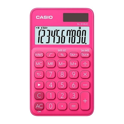 Casio SL-310UC-PK Calculadora De Bolsillo De 10 Dititos. Solar Y A Pilas. Calculo De Impuestos. Calculo De Porcentaje Profesional. Margen De Beneficio A Traves De Tecla %. Memoria De 4 Teclas. Marcadores De Coma De 3 Digitos. Tecla Para Cambiar El Signo Mas. Menos. Raiz C