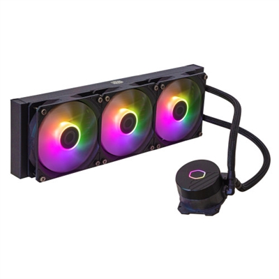 Cooler-Master MLW-D36M-A18PZ-R1 Cooler Master MasterLiquid 360L Core ARGB. Tipo: Kit de refrigeración líquida, Diámetro de ventilador: 12 cm, Velocidad de rotación (mín.): 650 RPM, Velocidad de rotación (máx.): 1750 RPM, Nivel de ruido (alta velocidad): 27,2 dB, Máximo flujo de aire: 71,93 cfm, Presión máxima de aire: 1,86 mmH2O, Tipo de soporte: Rodamiento tipo rifle. Color del producto: Negro