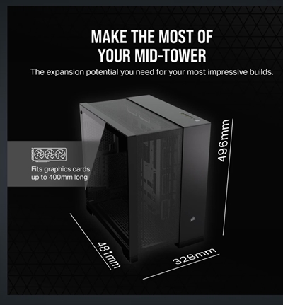 Corsair CC-9011259-WW El chasis para PC de dos cámaras semitorre CORSAIR 6500D AIRFLOW ofrece un flujo de aire y refrigeración excepcionales con paneles completamente de malla y un diseño de doble cámara lograr un diseño organizado e impresionante. Dos cámaras para un aspecto estilizado.Muchas opciones de personalización.Compatibilidad con placas base de conector inverso. Rendimiento de flujo de aire inigualable.Amplia flexibilidad de refrigeración.