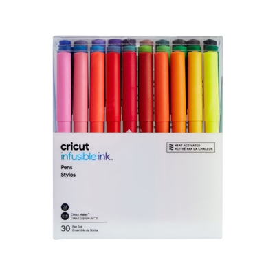 Cricut 2008002 Cricut Infusible Ink. Tipo de punta: Fino, Número de colores: 30 Colores, Colores de escritura: Negro, Azul, Coral, Fucsia, Verde, Gris, Verde claro, Lila, Menta, Marina, Naranja, Púrpura,.... Cantidad por paquete: 30 pieza(s), Tipo de embalaje: Bolsa de polietileno con encarte