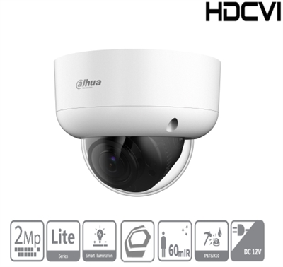 Dahua 1.0.01.12.24840-9002 Cámara domo HD-CVI con sensor CMOS de 2 Mpx, sensibilidad de 0,01 lux, vídeo 1080p sin comprimir a 25/30 fps.Objetivo varifocal f = 2,7-12 mm (98,2-28,3° horizontal), iluminación IR hasta 60 m, filtro automático ICR, DWDR, tecnología Super Adapt, eliminación de ruido 3D NR. Salida CVI/TVI/AHD/CVBS seleccionable, impermeable IP67, antivandálica IK10, alimentación DC 12 V.