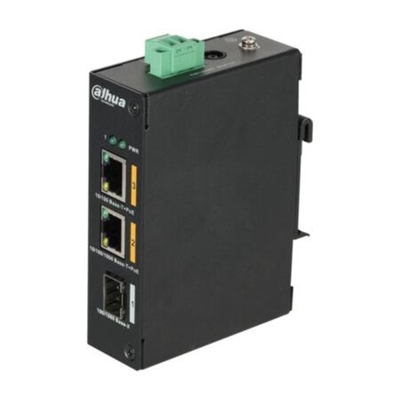 Dahua 1.0.01.20.10689 Switch PoE industrial Dahua no gestionable, 2 puertos 100Mbps + 1 puerto SFP Gigabit. Modo CCTV (Cat5 hasta 250m a 10Mbps).El puerto PoE 1 admite 60W. Temperatura de funcionamiento extendida. Watchdog PoE 53V CC..