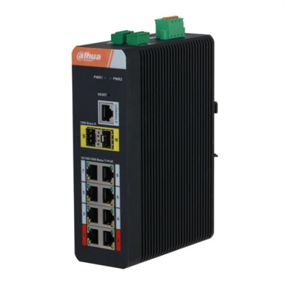 Dahua 1.0.01.20.11055-9001 (DH-IS4210-8GT-120) DAHUA SWITCH INDUSTRIAL L2 GESTIONABLE POE 2.0 WATCHDOG 8 PUERTOS + 2 GIGABIT SFP