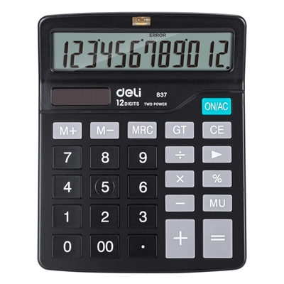 Deli E837 Calculadora De Sobremesa E837 Deli De 12 Digitos. Alimentacii¿½N Solar/Pilas Pantalla Grande Y Teclas De Goma. Cuenta Con 3 Teclas De Memoria Tecla De Retroceso Y Funcii¿½Nes Bi¿½Sicas. Medidas: 151 X 119 X 38 Mm. Color Negro.