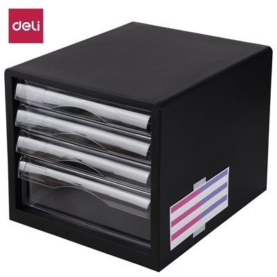 Deli E9774 Modulo 4 Cajones Deli. Fabricado En Plastico Color Negro. Medidas 275 X 340 X 260 Mm.