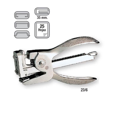 El-Casco 1083CRB Grapadora De Tenaza Metalica En Acero Pulido De Color Gris Metalizado Con Mangos De Cromo Mate. Es Compatible Con Grapas 23/6. Profundidad De 35 Mm. Dispone De Diferentes Tipos De Grapado: Abierto Cerrado Y Clavado Y Su Capacidad Es De Hasta 25 Hojas. Capacidad Para 100 Grapas.