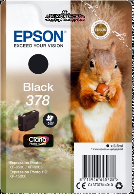 Epson C13T37814010 Tinta Negra 378 Foto Hd - Tipología: Tinta; Tecnología De Impresión: Ink Jet; Color De Impresión: Negro; Tipología General: Producto Para Impresora De Tinta; Formato Páginas (Res. Estándar): 0 Pages; Capacidad De Tinta/Tóner: Estándar; Unidades Por Embalaje: 1 Nr