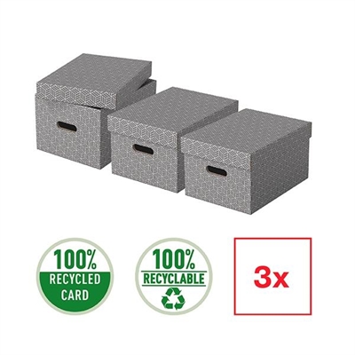 Esselte 628281 Caja De Almacenamiento Color Gris De Carti¿½N Con Tapa Extrai¿½Ble Y 2 Asas De Transporte Integradas. Fi¿½Cil Montaje. Los Lados Se Pliegan Sobre Si¿½ Mismos Para Proporcionar El Doble De Resistencia. Fabricadas En Carti¿½N 100% Reciclado Y Reciclable Y Certificado Fsc. Medidas: 255 X 20 X 15 Cm. Cada Pack Contiene 3 Cajas.