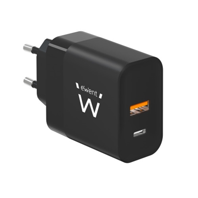 Ewent EW1327 Cargue su Macbook, iPhone y AirPods al mismo tiempo con el cargador Ewent EW1327 USB-C+USB-A de 2 puertos y 45W. Potente y compacto gracias a la tecnología GaN Fast. Aprovecha hasta 45 W de potencia cuando usas un solo puerto USB-C. Gracias a su tamaño, se puede guardar en un bolsillo o bolso, lo que lo hace ideal para el hogar y los viajes.Este potente pero compacto cargador USB-C es fácil de llevar contigo. El cargador USB-C deja de cargar automáticamente cuando la batería está llena.Para dispositivos AppleLos últimos iPhones solo incluyen un cable de carga. No se incluye un cargador USB-C. El cargador EW1327 USB-C y USB-A GaN Fast de 45 W diseñado para cargar los últimos iPhone. Conecta tu iPhone al cargador rápido USB-C y USB-A de 45 W de Ewent y tu smartphone se cargará hasta un 75 % en solo 30 minutos.Dispositivos Android compatibles con Power DeliveryUtilice el cargador rápido EW1327 de 45 W USB-C y USB-A para cargar su teléfono inteligente, tablet o portátil Android con Power Delivery. El cargador USB negocia con su teléfono inteligente/tablet o portátil para encontrar el perfil de carga adecuado.Tecnología rápida de GaNEl cargador Ewent EW1327 es GaN Fast. GaN significa nitruro de galio, que es un tipo de material utilizado para fabricar electrónica de potencia. GaN utiliza el material para aumentar la eficiencia del cargador y reducir el tamaño y el peso del cargador. PD significa Power Delivery, una tecnología que permite que los dispositivos se carguen a una potencia más alta, lo que permite tiempos de carga más rápidos.Tecnología PPS estándarEl cargador USB-C + USB-A de 45 W tiene un PPS (fuente de alimentación programable), que es un estándar que hace referencia a la tecnología de carga avanzada para dispositivos USB-C. Puede cambiar el voltaje y la corriente en tiempo real proporcionando la máxima potencia de acuerdo con el estado de carga del dispositivo. La principal ventaja de PPS sobre otros estándares es su capacidad para reducir la pérdida de conversión durante la recarga. Esto significa que se genera menos calor, lo que prolonga la vida útil de la batería del dispositivo.