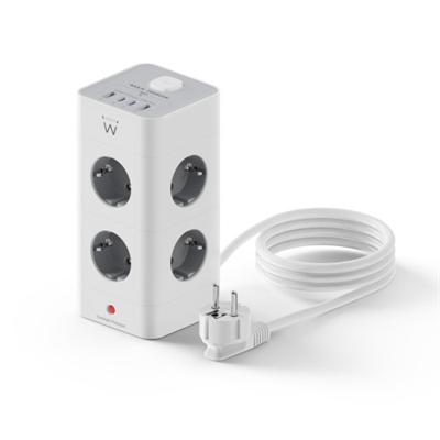 Ewent EW3864 Con la regleta de torre EW3864 es posible conectar 8 dispositivos eléctricos y 4 dispositivos USB al mismo tiempo. Los puertos USB tienen una capacidad total de 3A y cuentan con protecciones contra sobretensión, sobre temperatura y cortocircuito. Puede colocar el bloque de torre de alimentación en su escritorio y los 4 pies de goma antideslizantes aseguran que la regleta permanezca en su lugar. Es posible activar o desactivar todas las tomas de corriente y los puertos USB al mismo tiempo con el interruptor de encendido/apagado.8 tomas de corriente y 4 puertos USBLa regleta de torres EW3864 tiene 8 tomas de corriente para conectar 8 dispositivos eléctricos/electrónicos. Los 2 puertos USB normales de tipo A (5V/3A) y, sobre todo, los 2 puertos USB de tipo C (5V/3A) PD Fast Charger son adecuados para cargar las tabletas/smartphones y dispositivos electrónicos más modernos y actualizados (PD Quick Charge 3.0 – 20W).Habilite o deshabilite todas las tomas de corriente y puertos USB con interruptor de encendido/apagado iluminado.Utilice el interruptor para activar o desactivar toda la toma de corriente al mismo tiempo. Esta es una excelente característica para ahorrar en la factura de la luz y por razones de seguridad. Se evita el uso de energía en espera. Es más seguro desactivar todos los dispositivos eléctricos al mismo tiempo que tener todos los dispositivos activados en todo momento.Diseño que ahorra espacio, ideal para el escritorioEl EW3864 cuenta con un diseño de torre cúbica que ahorra espacio y ocupa solo un espacio de escritorio limitado. Todas las tomas de corriente y puertos USB son fácilmente accesibles. Está equipado con un cable de 2,0 m de largo. Además, el enchufe Schuko 16A está equipado con un ángulo de 90° que lo hace ideal para insertarlo en tomas de pared presentes en espacios reducidos y confinados.Dispositivo seguro - Botón de protección contra sobrecargaLos puertos USB y las tomas de corriente están equipados con protección contra sobrecargas, sobretensiones, sobre temperaturas y cortocircuitos. Todas las tomas de corriente tienen protección para niños.En el caso de que los enchufes superen la potencia nominal máxima, el sistema de protección contra sobrecargas se apagará automáticamente (emitirá un aviso y se apagará) y la regleta dejará de funcionar, protegiendo a los usuarios y los dispositivos conectados a ella.De hecho, la regleta está equipada con un práctico botón rojo (botón de sobrecarga) ubicado en la parte frontal del dispositivo que se puede presionar para restablecer/restaurar después de que el sistema de protección haya entrado en funcionamiento apagando la regleta debido a una sobrecarga excesiva de energía.