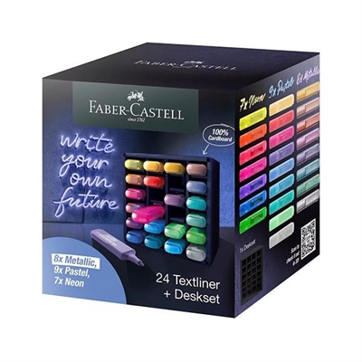 Faber-Castell 254602 Marcador Fluorescente De Tinta De Base De Agua Con Punta Biselada En 2 Grosores De Trazo: 2 Mm Y 5 Mm. Cuerpo Fabricado En Plastico. Set 24 Unidades Colores Surtidos: 8 Meti¿½Licos 9 Pastel Y 7 Neon. Incluye Expositor.