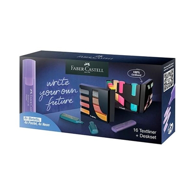 Faber-Castell 254603 Marcador Fluorescente De Tinta De Base De Agua Con Punta Biselada En 2 Grosores De Trazo: 2 Mm Y 5 Mm. Cuerpo Fabricado En Plastico. Set 16 Unidades Colores Surtidos: 8 Meti¿½Licos 4 Pastel Y 4 Neon. Incluye Expositor.