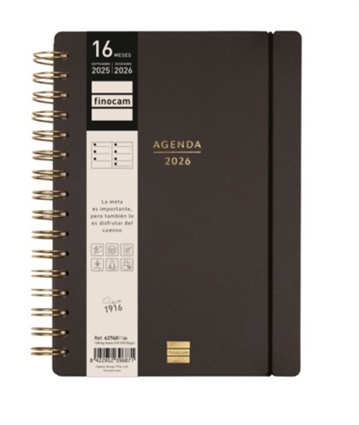 Finocam 627400126 Agenda de diseño sofisticado y elegante, con tapa dura de tacto suave y detalles de estampación metálica. Con espiral doble y goma elástica. Papel extra opaco que permite escribir sin transparencia ni que la tinta traspase. Los contenidos de esta agenda te ayudarán a llevar una vida equilibrada y armónica, porque se centran en tu tiempo y en tus prioridades (salud, espiritualidad, familia y amigos, etc.). Con ella podrás realizarte a nivel personal y cumplir tus proyectos, al mismo tiempo que disfrutarás organizando tu tiempo. El diseño interior incluye espacios para destacar lo importante de la semana, objetivos, reflexiones y notas. La agenda contiene información útil y de interés en la anualidad y otros contenidos extra orientados a la organización personal. También incorpora un set de adhesivos diseñados para que te puedas organizar en todos los aspectos. Sin duda, esta es la agenda ideal para focalizarte en ti, en tus prioridades y en tu presente, porque más allá de llegar a la meta y de alcanzar los objetivos, es importante que disfrutes del camino.