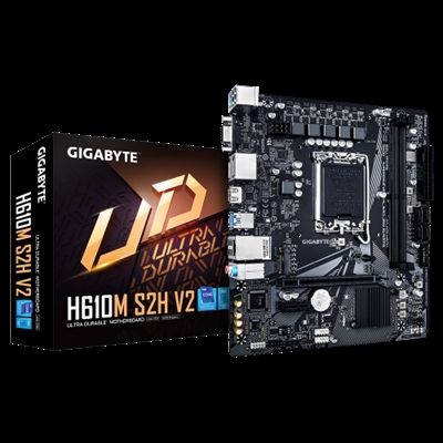 Gigabyte 9M61M2H52-00-10 Gigabyte H610M S2H V2. Fabricante de procesador: Intel, Socket de procesador: LGA 1700, Procesador compatible: Intel® Celeron®, Intel® Core™ i3, Intel® Core™ i5, Intel® Core™ i7, Intel® Core™ i9,.... tipos de memoria compatibles: DDR5-SDRAM, Memoria interna máxima: 96 GB, Tipo de ranuras de memoria: DIMM. Interfaces de disco de almacenamiento soportados: M.2, SATA, Tipos de unidades de almacenamiento admitidas: HDD & SSD. Graphics chipset: Intel, Adaptador gráfico: HD Graphics, Máxima resolución: 4096 x 2304 Pixeles. Tipo de interfaz ethernet: Gigabit Ethernet