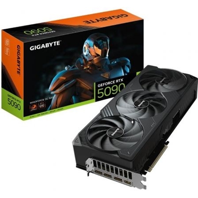 Gigabyte 9VN5090WO-00-G10 GIGABYTE GeForce RTX 5090 WINDFORCE OC. Familia de procesadores de gráficos: NVIDIA, Procesador gráfico: GeForce RTX 5090. Capacidad memoria de adaptador gráfico: 32 GB, Tipo de memoria de adaptador gráfico: GDDR7, Ancho de datos: 512 bit. Máxima resolución: 7680 x 4320 Pixeles. Versión DirectX: 12 Ultimate, Versión OpenGL: 4.6. Tipo de interfaz: PCI Express 5.0. Tipo de enfriamiento: Activo, Número de ventiladores: 3 Ventilador(es)