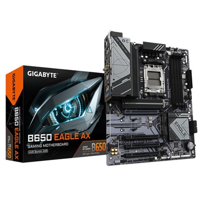 Gigabyte B650 EAGLE AX Mejora tu experiencia informática con las reconocidas series de placas base de GIGABYTE: AORUS, AERO y GIGABYTE. Con diseños innovadores y características avanzadas, estas placas ofrecen un rendimiento y confiabilidad excepcionales. Ya seas un jugador, un creador de contenidos o un profesional, nuestra serie satisface tus necesidades y garantiza una calidad sin concesiones y tecnología de vanguardia.Socket AMD AM5: Compatible con procesadores de la serie AMD Ryzen 7000/ Ryzen 8000/ Ryzen 9000|Rendimiento incomparable: Solución de VRM digital de 12+2+2 fases|DDR5 de doble canal: 4SMD DIMMs con soporte de módulos de memoria AMD EXPO e Intel XMP|Almacenamiento de alta velocidad: 1PCIe 5.0 + 2*PCIe 4.0 conectores M.2|Diseño térmico avanzado y M.2 Thermal Guard: para garantizar la estabilidad de la energía VRM y el rendimiento de los SSD M.2 25110|EZ-Latch: Ranura PCIe x16 con diseño de liberación rápida|Redes rápidas: Wi-Fi 6E 802.11ax y LAN GbE|Conectividad ampliada: DP, HDMI, USB traseros 10Gb/s|Smart Fan 6: cuenta con múltiples sensores de temperatura, encabezados de ventilador híbridos con parada de ventilador|Q-Flash Plus: actualiza la BIOS sin instalar la CPU, la memoria y la tarjeta gráfica''PROCESADORFabricante de procesador: AMDSocket de procesador: Zócalo AM5Procesador compatible: AMD Ryzen 7000 Series, AMD Ryzen 8000 Series, AMD Ryzen 9000 SeriesSockets de procesador soportados: Zócalo AM5MEMORIAtipos de memoria compatibles: DDR5-SDRAMNúmero de ranuras de memoria: 4Memoria interna máxima: 256 GBTipo de ranuras de memoria: DIMMCanales de memoria: Doble canalCompatibilidad de ECC: No-ECCVelocidades de reloj de memoria soportadas: 7600,7200,7000,6800,6600,6400,6200,6000,5600,5200,4800,4400 MHzVelocidad del reloj de memoria máxima admitida: 7600 MHzMemoria sin buffer: SiMemoria interna máxima por ranura: 64 GBREGULADORES DEL ALMACENAJEInterfaces de disco de almacenamiento soportados: M.2, SATA IIITipos de unidades de almacenamiento admitidas: HDD & SSDNúmero de HDDs soportados: 4Número de unidades de almacenamiento compatibles: 7Compatibilidad con RAID: SiNiveles RAID: 0, 1, 10GRÁFICOSSoporte para proceso paralelo: No compatibleMáxima resolución: 4096 x 2160 PixelesHDCP: SiVersión DirectX: 12.0Soporte de gráficos discretos: SiINTERNO I/OUSB 2.0, conectores: 3Conectores USB 3.2 Gen 1 (3.1 Gen 1): 1Conectores USB 3.2 Gen 2 (3.1 Gen 2): 1Número de conectores SATA III: 4Conector de audio en panel frontal: SiConector de panel delantero: SiConector de potencia ATX (24 pines): SiConector de ventilador CPU: SiNúmero de conectores para ventiladores de CPU: 2Número de conectores a ventilador de chasis: 3Conector de energía EPS (8-pin): SiConector TPM: SiCabecera de puerto serie: 1Conector eléctrico de 12 V: SiNúmero de conectores para bombas de agua: 2Conector para tiras LED RGB: SiNúmero de conectores para tiras LED RGB: 4PANEL TRASERO PUERTOS DE I/O (ENTRADA/SALIDA)Cantidad de puertos USB 2.0: 6Cantidad de puertos tipo A USB 3.2 Gen 1 (3.1 Gen 1): 0Cantidad de puertos tipo C USB 3.2 Gen 1 (3.1 Gen 1): 1Cantidad de puertos tipo A USB 3.2 Gen 2 (3.1 Gen 2): 2Cantidad de puertos tipo C USB 3.2 Gen 2 (3.1 Gen 2): 0Ethernet LAN (RJ-45) cantidad de puertos: 1Cantidad de puertos VGA (D-Sub): 0Número de puertos HDMI: 1Cantidad de puertos DVI-D: 0Puerto de ratón PS/2: 1Versión HDMI: 2.1Cantidad de DisplayPorts: 1Versión de DisplayPort: 1.4Salidas para auriculares: 1Entrada de línea: SiMicrófono, jack de entrada: SiConector para antena WiFi-AP: 2CONEXIÓNWifi: SiEthernet: SiTipo de interfaz ethernet: Gigabit EthernetControlador LAN: Realtek RTL8111HEstándar Wi-Fi: Wi-Fi 6E (802.11ax)Wi-Fi estándares: 802.11a, 802.11b, 802.11g, Wi-Fi 4 (802.11n), Wi-Fi 5 (802.11ac), Wi-Fi 6 (802.11ax), Wi-Fi 6E (802.11ax)Modelo de controlador WLAN: Realtek RTL8852CEBluetooth: SiVersión de Bluetooth: 5.3CARACTERÍSTICASComponente para: PCFactor de forma: ATXFamilia del chipset: AMDChipset: AMD B650Canales de salida de audio: 7.1 canalesChip de sonido: Realtek ALC897Color del producto: MarrónMonitoreo de la salud de PC: Ventilador, Temperatura, Tensión, Water coolingAlimentación: ATXSistema operativo Windows soportado: Windows 10 x64, Windows 11 x64RANURAS DE EXPANSIÓNPCI Express x16 Gen (3.x) ranuras: 3Ranuras PCI Express x16 (Gen 4.x): 1Número de ranuras M.2 (M): 3Tamaño más grande de llave de la primera M.2: 25110Generación más alta de PCI Express de la primera M.2: 5.0Tamaño más grande de llave de la segunda M.2: 22110Generación más alta de PCI Express de la segunda M.2: 4.0Tamaño más grande de llave de la tercera M.2: 22110Generación más alta de PCI Express de la tercera M.2: 4.0BIOSTipos de BIOS: UEFI AMIBIOS, tamaño de memoria: 256 MB/sVersión ACPI: 5.0Jumper Clear CMOS: SiVersión de la interfaz de administración de escritorio (DMI): 2.7Versión de BIOS de administración del sistema (SMBIOS): 2.7DATOS LOGÍSTICOSPaís de origen: ChinaCantidad por caja de envío: 1 pieza(s)BATERÍAPeso de la batería: 3 gPeso de litio por batería: 0,07 gNúmero de celdas de batería: 1Tecnología de batería: Lithium-Manganese Dioxide (LiMnO2)Tipo de batería: CR2032EMPAQUETADOAncho del paquete: 335 mmProfundidad del paquete: 270 mmAltura del paquete: 80 mmPeso del paquete: 1,94 kgPESO Y DIMENSIONESAncho: 305 mmProfundidad: 244 mmAltura: 35 mmCONTENIDO DEL EMBALAJEPilas incluidas: SiAntena incluida: SiTornillos incluídos: SiSoftware incluido: Norton Internet Security (OEM version)\nLAN bandwidth management softwareDETALLES TÉCNICOSPeriodo de garantía: 3 año(s)