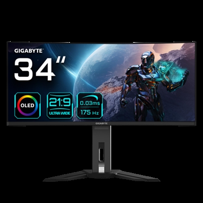 Gigabyte MO34WQC EK1 Gigabyte MO34WQC. Diagonal de la pantalla: 86,4 cm (34), Resolución de la pantalla: 3440 x 1440 Pixeles, Tipo HD: Wide Quad HD, Tecnología de visualización: OLED, Tiempo de respuesta: 0,03 ms, Relación de aspecto nativa: 21:9, Ángulo de visión, horizontal: 178°, Ángulo de visión, vertical: 178°. Altavoces incorporados. Conector USB incorporado. montaje VESA, Ajustes de altura. Color del producto: Negro