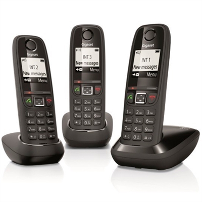 Gigaset L36852-H2501-D211 Gigaset AS405 Trio. Tipo: Teléfono DECT. Altavoz, Capacidad de lista de direcciones: 100 entradas. Identificador de llamadas. Diagonal de la pantalla: 4,57 cm (1.8). Servicios de mensajes cortos (SMS). Color del producto: Negro. Número de teléfonos móviles incluidos: 3