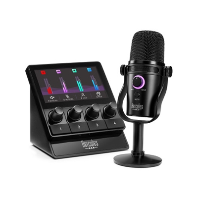 Hercules 4781068 Toma rápidamente el control de tu voz y transmite audioControla fácilmente el volumen de todas las fuentes de audio en vivo, al alcance de tu manoMonitoriza el nivel de las pistas en tiempo real con la pantalla de alta luminosidadInicia tu stream, cambia de escena, usa efectos de voz y mucho más con los 4 botones de acciónGraba tu voz y escúchate sin latencia con el HUD-600, el nuevo micrófono Hercules USB Dynamic Diviértete con los 3 meses de Voicemod Pro incluidos