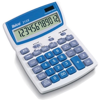 Ibico IB410086 Calculadora De Sobremesa Con Pantalla Reclinable (Hasta 12 Digitos). El Teclado Incluye Tecla De Correccion Teclas De Memoria Y Tecla De Retroceso. Las Funciones Que Permite Hacer Esta Calculadora Son: Cambio De Signo Conversion De Moneda Raiz Cuadrada Calculo De Impuestos Y Calculo De Porcentajes. Alimentacion Solar Y Con Pilas. Fabricada En Plastico. Medidas: 190 X 140 X 155 Mm.
