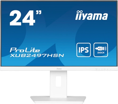 Iiyama XUB2497HSN-W2 Pantalla de 24'''' con panel en tecnología IPS, USB-C dock y RJ45 (LAN)Equipado con un conector dock USB-C, el XUB2497HSN le permite simplificar su espacio de trabajo utilizando un único cable para enviar la señal del portátil al monitor y para alimentar y cargar el portátil desde el monitor. Además, si su monitor está conectado a Internet con un cable LAN, su portátil también se conectará automáticamente a la red. Gracias a la salida DisplayPort, puede ampliar fácilmente su escritorio creando una configuración de doble monitor. El XUB2497HSN se suministra con un soporte de altura ajustable de 150 mm con funciones de pivote y giro, que le permite ajustar fácilmente la posición de la pantalla a sus preferencias.