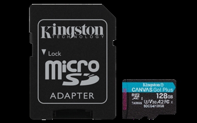Kingston SDCG4/128GB Para juegos para móviles, drones, cámaras deportivas y dispositivos Android™La tarjeta microSD Canvas Go! Plus de Kingston está diseñada para personas aventureras y amantes de los juegos para móviles que necesitan disponer de un alto rendimiento en cualquier lugar. Gracias a sus velocidades de transferencia ultrarrápidas de hasta 200 MB/s*, facilita tu flujo de trabajo y te permite pasar más tiempo creando y capturando contenido.Optimizada para cámaras deportivas y drones, las velocidades de la U3 y la V30 permiten grabar espectaculares vídeos en resolución 4K Ultra-HD de manera sencilla e ininterrumpida, incluso en situaciones trepidantes. Independientemente de si deseas documentar eventos de deportes extremos o sacar fotos y vídeos sobrecogedores, la Canvas Go! Plus te ofrece un rendimiento fiable y sin tirones.Para los entusiastas de los juegos para móviles, la compatibilidad con la categoría de rendimiento de aplicaciones A2 garantiza tiempos de carga de aplicaciones más rápidos y la posibilidad de jugar en smartphones y tabletas de manera fluida. Di adiós a los frustrantes tirones de rendimiento y disfruta de una experiencia de juego mejorada estés donde estés.Gracias al adaptador de SD opcional, la Canvas Go! Plus ofrece mayor versatilidad, lo que la hace compatible con una gran grama de dispositivos con SD.Velocidades superioresTransfiere y captura contenido en Full HD y 4K UHD más rápidamente con velocidades de hasta 200 MB/s.* Ideal para drones y cámaras deportivasAltas velocidades con las categorías de velocidad UHS 3 (U3) y velocidad de vídeo 30 (V30).Admite la categoría de rendimiento de aplicaciones A2Disfruta de tiempos de carga de aplicaciones más rápidos y de una experiencia de juego perfecta.