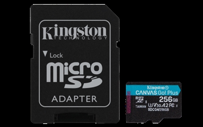 Kingston SDCG4/256GB Para juegos para móviles, drones, cámaras deportivas y dispositivos Android™La tarjeta microSD Canvas Go! Plus de Kingston está diseñada para personas aventureras y amantes de los juegos para móviles que necesitan disponer de un alto rendimiento en cualquier lugar. Gracias a sus velocidades de transferencia ultrarrápidas de hasta 200 MB/s*, facilita tu flujo de trabajo y te permite pasar más tiempo creando y capturando contenido.Optimizada para cámaras deportivas y drones, las velocidades de la U3 y la V30 permiten grabar espectaculares vídeos en resolución 4K Ultra-HD de manera sencilla e ininterrumpida, incluso en situaciones trepidantes. Independientemente de si deseas documentar eventos de deportes extremos o sacar fotos y vídeos sobrecogedores, la Canvas Go! Plus te ofrece un rendimiento fiable y sin tirones.Para los entusiastas de los juegos para móviles, la compatibilidad con la categoría de rendimiento de aplicaciones A2 garantiza tiempos de carga de aplicaciones más rápidos y la posibilidad de jugar en smartphones y tabletas de manera fluida. Di adiós a los frustrantes tirones de rendimiento y disfruta de una experiencia de juego mejorada estés donde estés.Gracias al adaptador de SD opcional, la Canvas Go! Plus ofrece mayor versatilidad, lo que la hace compatible con una gran grama de dispositivos con SD.Velocidades superioresTransfiere y captura contenido en Full HD y 4K UHD más rápidamente con velocidades de hasta 200 MB/s.* Ideal para drones y cámaras deportivasAltas velocidades con las categorías de velocidad UHS 3 (U3) y velocidad de vídeo 30 (V30).Admite la categoría de rendimiento de aplicaciones A2Disfruta de tiempos de carga de aplicaciones más rápidos y de una experiencia de juego perfecta.