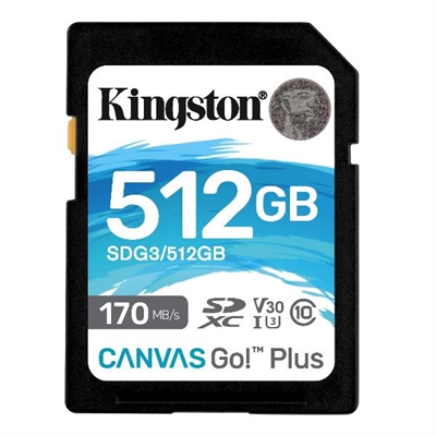 Kingston SDG3/512GB Plasme la aventura con Go!Las tarjetas SD Canvas Go! Plus de Kingston han sido diseñadas para los aventureros siempre a la búsqueda de los momentos perfectos para plasmar. Con sus elevadas velocidades de transferencia de hasta 170 MB/s*, las tarjetas SD Canvas Go! Plus permiten agilizar los flujos de trabajo y mejorar la eficiencia para que tenga más tiempo para sacar a pasear su creatividad a la próxima aventura. Con velocidades U3 y V30 podrá filmar impresionantes vídeos 4K Ultra-HD sin preocuparse por velocidades lentas y corte de cuadros, así como tomar fotografías de acción en modo ráfaga en secuencias perfectas. Vea al mundo como su lienzo y saque a pasear a su creatividad e inspiración con la tarjeta SD Canvas Go! Plus.- Elevadas velocidades de transferencia de hasta 170/90 MB/s*- Ideales para filmar vídeos 4K UHD y tomar fotografías en modo ráfaga con su DSLR- Velocidades U3 y V30- Resistente* Basado en pruebas internas. El rendimiento puede variar en función del dispositivo anfitrión. Diseñado con tecnología patentada para alcanzar velocidades de lectura de hasta 170 MB/s, superiores a los 104 MB/s de la especificación UHS-I. Para alcanzar el máximo rendimiento se requiere el lector de tarjetas SD MobileLite Plus.