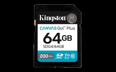 Kingston SDG4/64GB para cámaras digitales réflex de una lente (DSLR), cámaras sin espejo y vídeos 4KLa tarjeta SD Canvas Go! Plus de Kingston está diseñada para los amantes de la aventura que buscan constantemente la foto perfecta. Con velocidades de transferencia de hasta 200 MB/s*, la tarjeta SD Canvas Go! Plus acelera tu flujo de trabajo y eficiencia con el fin de que tengas más tiempo disponible para elevar tu creatividad a nuevas cotas. Con clasificaciones de velocidad U3 y V30, la Canvas Go! Plus te permite capturar impresionantes vídeos 4K Ultra-HD sin tener que preocuparte por velocidades lentas o cortes de fotogramas. También destaca en la fotografía en modo ráfaga, ya que te permite sacar fotos coherentes entre sí de manera fluida. Lleva tu visión a cualquier parte con la SD Canvas Go Plus, que reúne aventura y creatividad.Velocidades superioresTransfiere contenido en Full HD y 4K UHD más rápidamente con velocidades de hasta 200 MB/s.*Ideal para vídeos 4K UHD y modo ráfaga con cámara sin espejoAltas velocidades y rendimiento optimizado para agilizar sus flujos de trabajo.Mayores capacidadesCapacidades de hasta 1TB** para guardar fotos y vídeos 4K.
