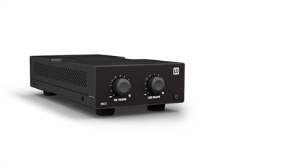 Ld-Systems LDPRE2 Mezclador de micrófono y línea de dos canales. 1 entrada de línea estéreo balanceada. 1 entrada de micro con control de ganancia y selector de atenuación de ?20 dB. Salida de línea estéreo (conmutable a mono).Atenuación automática de música para anuncios. Control remoto de nivel.