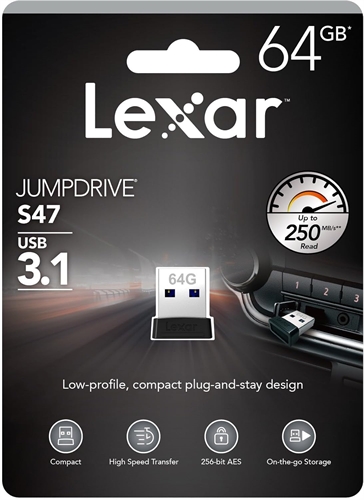 Lexar LJDS47-64GABBK Lexar JumpDrive S47. Capacidad: 64 GB, Interfaz del dispositivo: USB tipo A, Versión USB: 3.2 Gen 1 (3.1 Gen 1), Velocidad de lectura: 250 MB/s. Factor de forma: Sin tapa. Protección mediante contraseña. Peso: 2,12 g. Color del producto: Negro