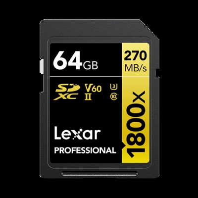 Lexar LSD1800064G-B2NNU Lexar 1800x. Capacidad: 64 GB, Tipo de tarjeta flash: SDXC, Clase de memoria flash: Clase 10, Tipo de memoria interna: UHS-II, Velocidad de lectura: 270 MB/s, Clase de velocidad UHS: Class 3 (U3), Clase de velocidad de vídeo: V60. Funciones de protección: Resistente a golpes, Resistente a la temperatura, Resistente a las vibraciones, Resistente al..., Color del producto: Negro