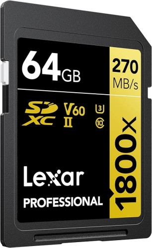 Lexar LSD1800064G-BNNNG Lexar LSD1800064G-BNNNG. Capacidad: 64 GB, Tipo de tarjeta flash: SDXC, Clase de memoria flash: Clase 10, Tipo de memoria interna: UHS-II, Velocidad de lectura: 270 MB/s, Velocidad de escritura: 180 MB/s, Clase de velocidad UHS: Class 3 (U3), Clase de velocidad de vídeo: V60. Funciones de protección: Resistente a golpes, Resistente a la temperatura, Resistente a las vibraciones, Resistente al..., Color del producto: Negro