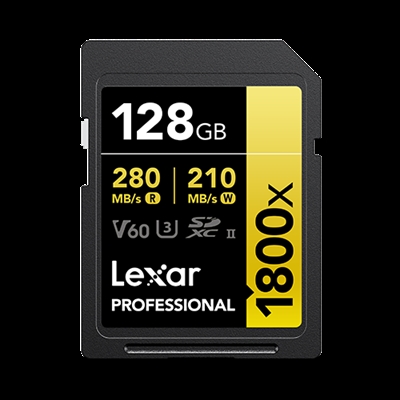 Lexar LSD1800128G-B2NNG Lexar Professional 1800x. Capacidad: 128 GB, Tipo de tarjeta flash: SDXC, Clase de memoria flash: Clase 10, Tipo de memoria interna: UHS-II, Velocidad de lectura: 280 MB/s, Velocidad de escritura: 210 MB/s, Clase de velocidad UHS: Class 3 (U3), Clase de velocidad de vídeo: V60. Color del producto: Negro
