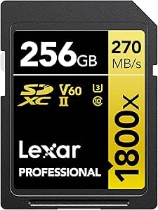 Lexar LSD1800256G-BNNNG Lexar LSD1800256G-BNNNG. Capacidad: 256 GB, Tipo de tarjeta flash: SDXC, Clase de memoria flash: Clase 10, Velocidad de lectura: 270 MB/s, Velocidad de escritura: 180 MB/s, Clase de velocidad UHS: Class 3 (U3), Clase de velocidad de vídeo: V60. Funciones de protección: Resistente a impactos, Resistente a la temperatura, Resistente a las vibraciones, A prueba de...
