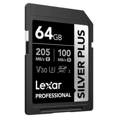 Lexar LSDSIPL064G-BNNNG Lexar Professional SILVER PLUS. Capacidad: 64 GB, Tipo de tarjeta flash: SDXC, Clase de memoria flash: Clase 3, Tipo de memoria interna: UHS-I, Velocidad de lectura: 205 MB/s, Velocidad de escritura: 100 MB/s, Clase de velocidad UHS: Class 3 (U3), Clase de velocidad de vídeo: V30. Funciones de protección: Resistente a impactos, Protección contra campos magnéticos, Resistente a golpes, Resistente a la..., Color del producto: Negro, Plata