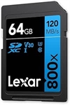 Lexar LSD0800P064G-BNNNG - LEXAR 64GB PROFESSIONAL 800X PRO SDXC UHS-I CARDS, UP TO 150MB/S READ, C10 V30 U3.
