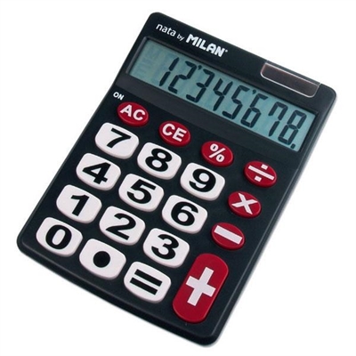 Milan 151708BL Calculadora De Sobremesa Con Pantalla Extragrande (Hasta 8 Digitos). Las Funciones Que Permite Hacer Esta Calculadora Son: Selector De Redondeo Y Calculo De Porcentajes. Alimentacion Solar Y Con Pilas. Fabricada En Plastico. Medidas: 380 X 140 X 22 Mm.