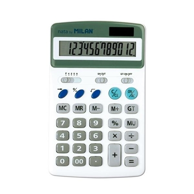Milan 40920BL Calculadora De Sobremesa Con Pantalla De Hasta 12 Digitos. El Teclado Incluye Tecla De Correccion Teclas De Memoria Y Tecla De Retroceso. Las Funciones Que Permite Hacer Esta Calculadora Son: Cambio De Signo Calculo De Margenes Raiz Cuadrada Y Calculo De Porcentajes. Alimentacion Solar Y Con Pilas. Fabricada En Metal Con Teclas De Plastico. Medidas: 175 X 110 X 30 Mm.