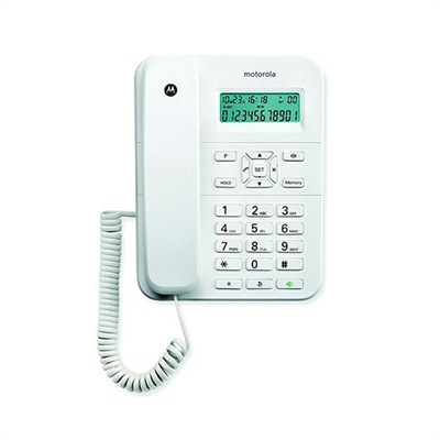 Motorola 107CT202WHITE El telÃ©fono fijo Motorola CT202 ofrece la simplicidad de un telÃ©fono fijo y la comodidad de un manos libres. PodrÃ¡s ver en todo momento quiÃ©n estÃ¡ llamando gracias a su gran pantalla con identificador de llamadas.
